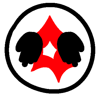 A white circle with a spikey red shape and two hands inside it.